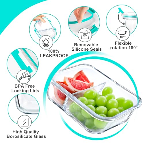 5 Pack Glass Meal Prep Containers 2 Compartment Set, 36OZ Airtight Glass Food Storage Containers with Lids, Grey Q865