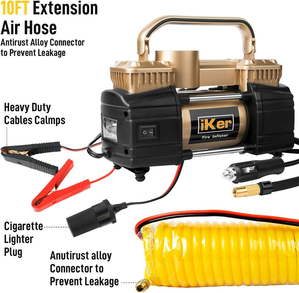 Portable Air Compressor Pump Tire Inflator, Digital Gauge 12V 70L/Min Double Cylinders 150PSI with LED Lights, 11.5ft Air Hose and Tire Repair Kit Pack of 2 R704