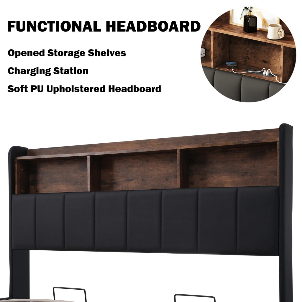 Black Full Size PU Upholstered Platform Bed with Storage Headboard X555