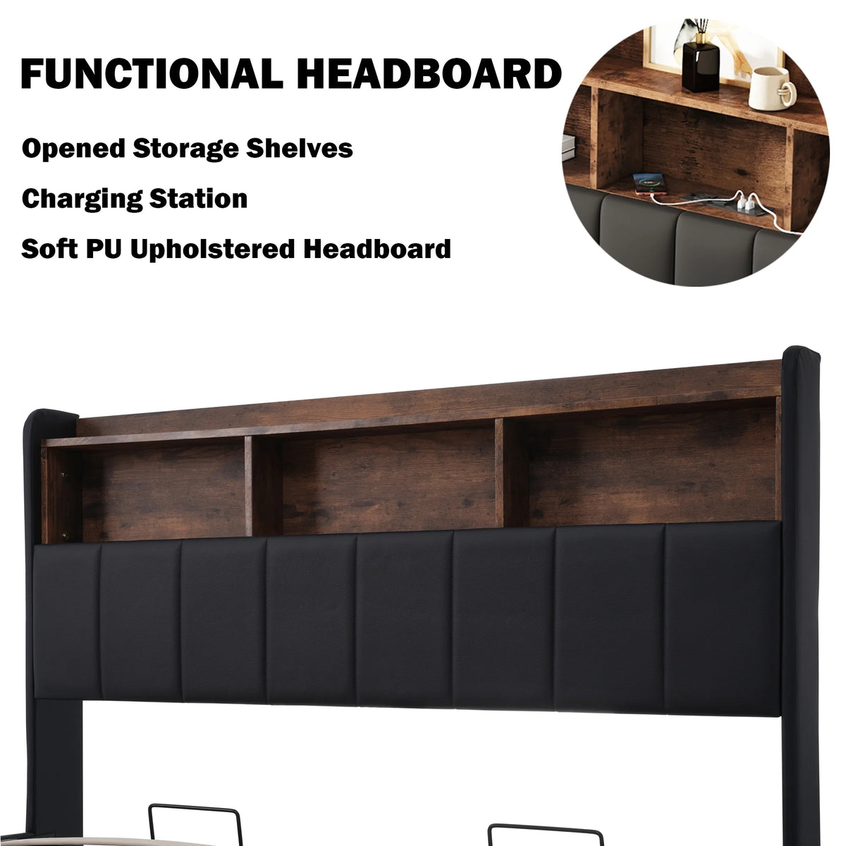 Black Full Size PU Upholstered Platform Bed with Storage Headboard X555