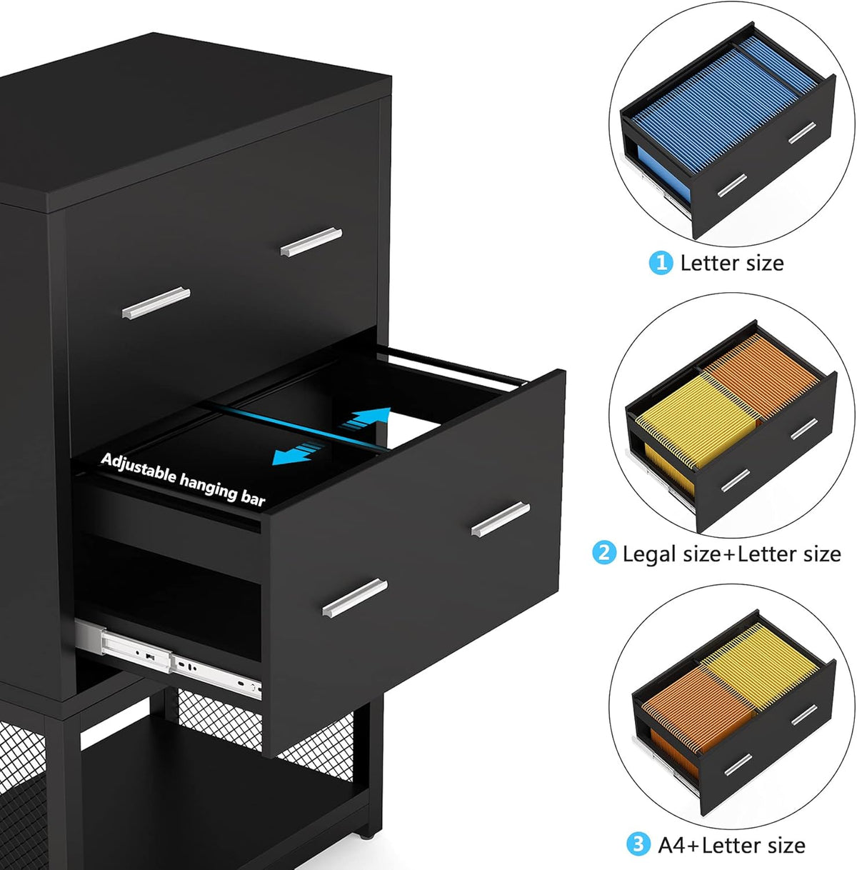 2 Drawer Lateral File Cabinet with Metal Wire Storage Shelves (Black) K887
