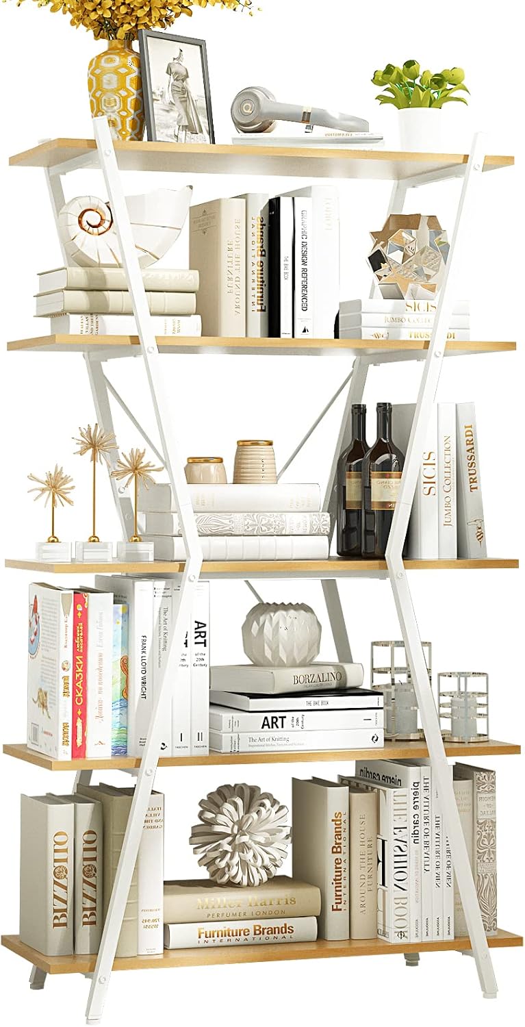 Walnut/Black 5 Tier Rustic Wood Etagere Bookcase with Metal Frame J381277