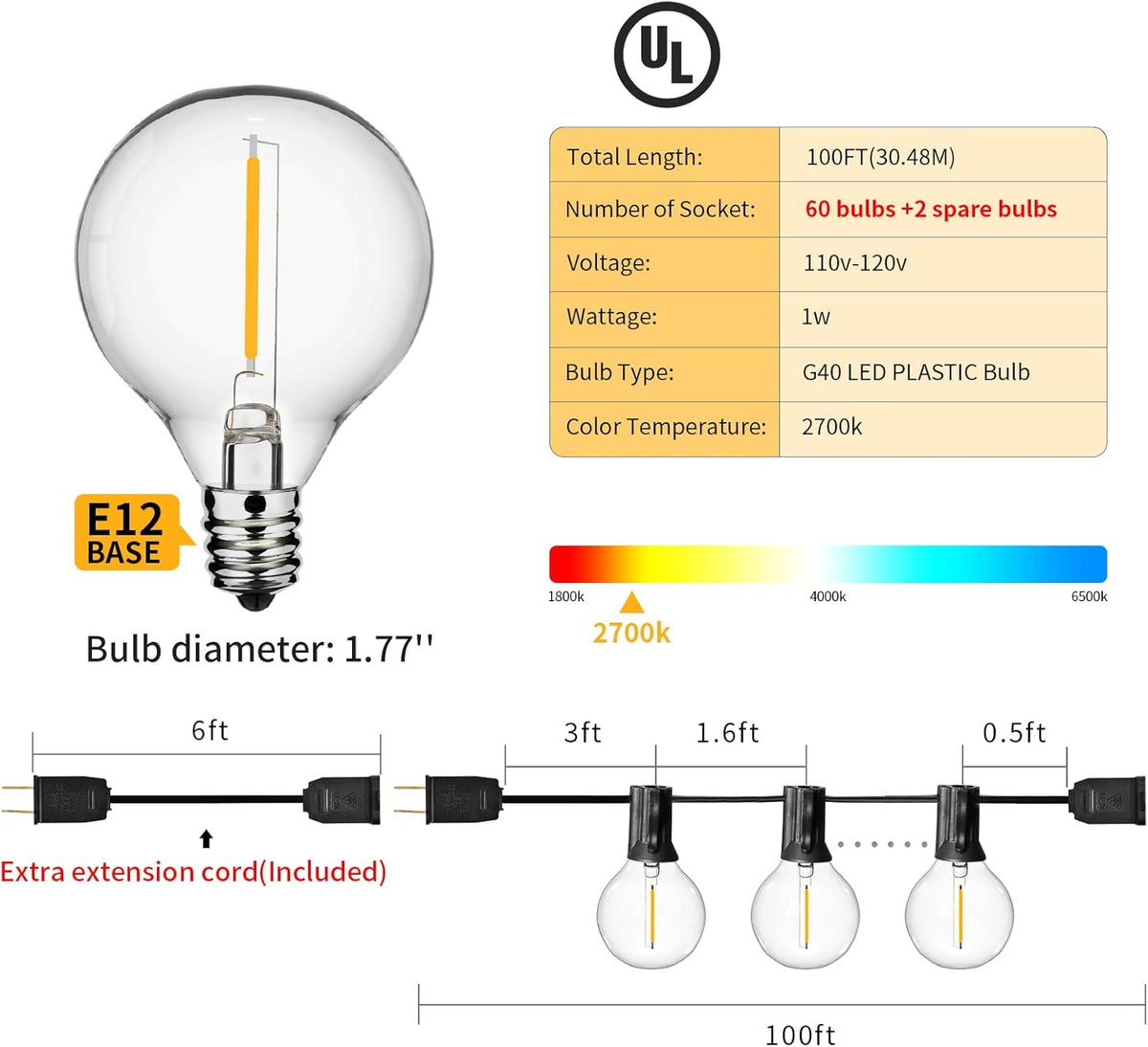 100ft Dimmable Waterproof Globe String Lights U1983