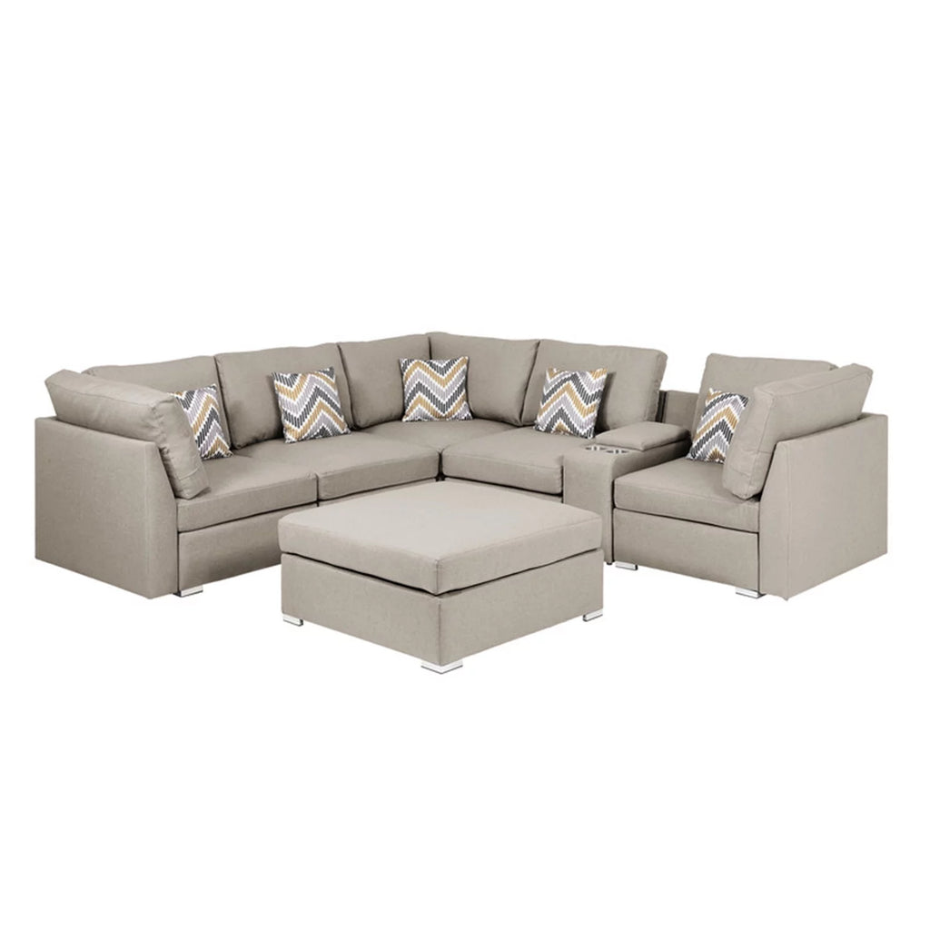 Beige Fabric Reversible Sectional Sofa with Ottoman K43730