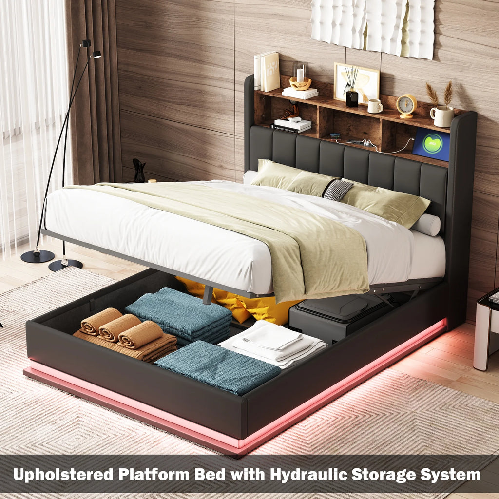 Black Full Size PU Upholstered Platform Bed with Storage Headboard X555