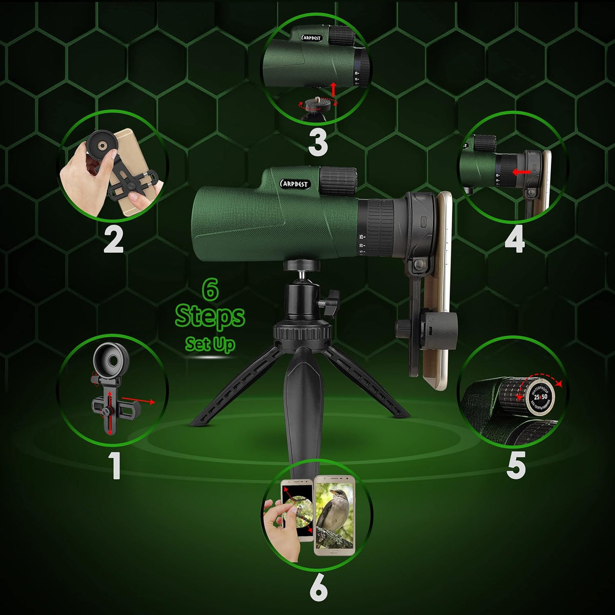 25X50 High Definition Monocular Telescope with Smartphone Holder & Tripod L120365