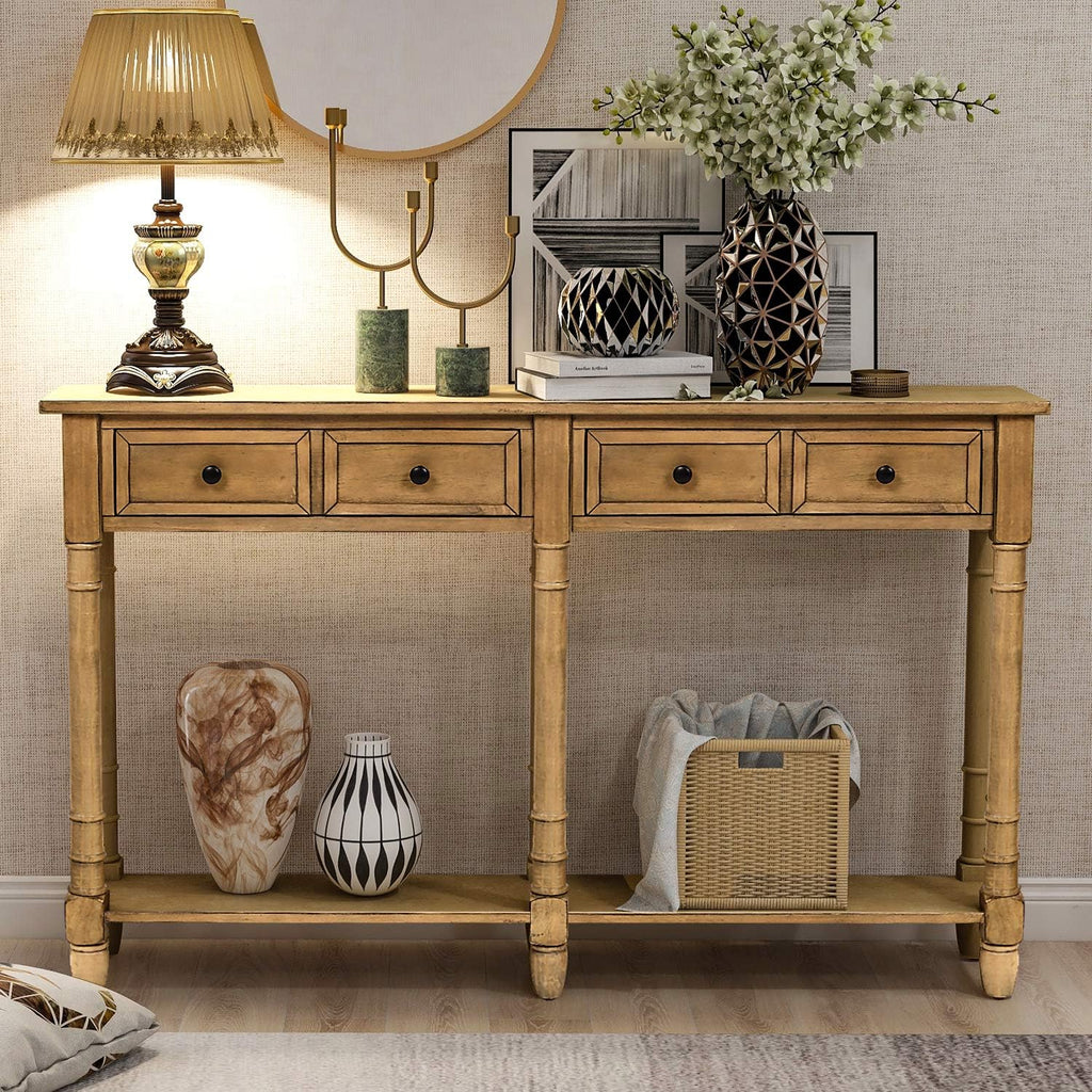 Old Pine Solid Wood Console Sofa with Two Storage Drawers and Bottom Shelf Q662995