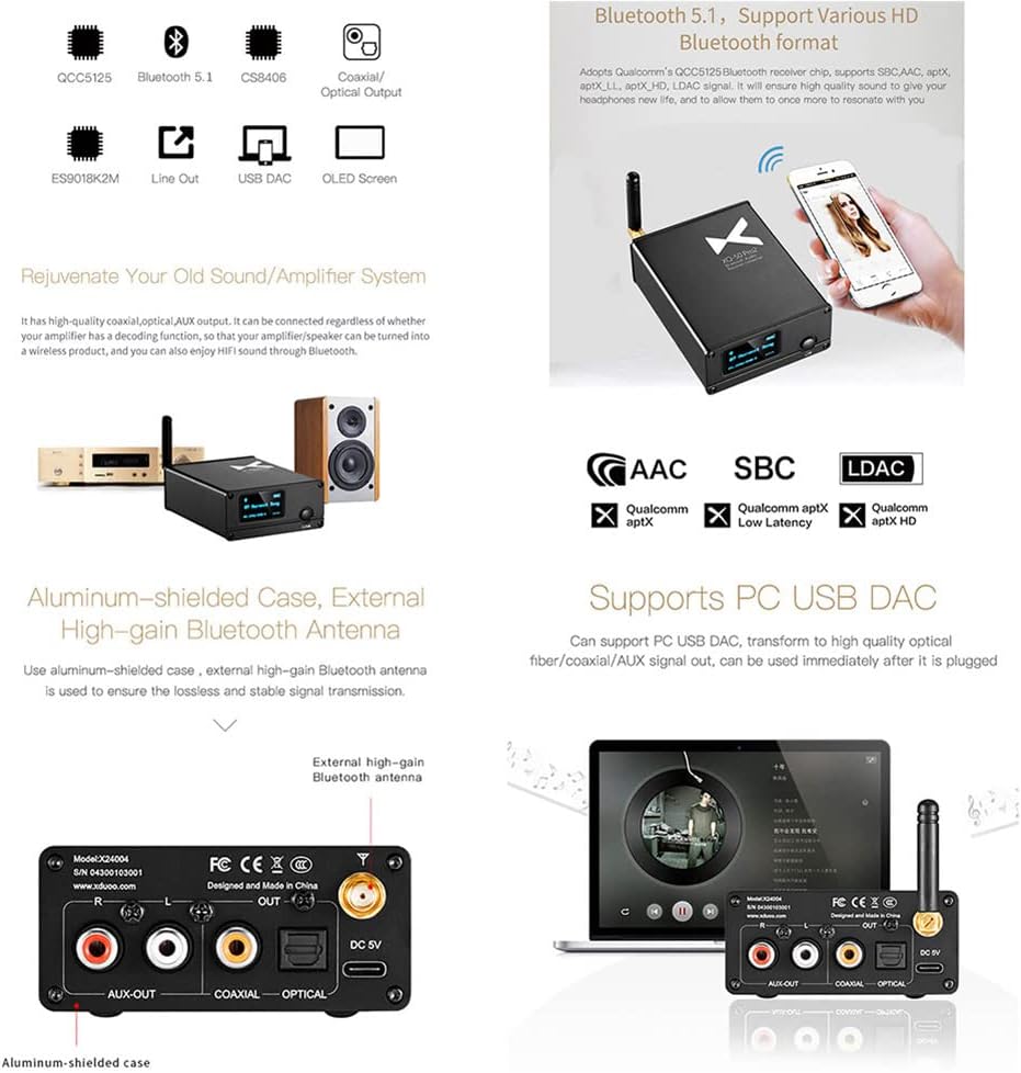 Bluetooth Audio Receiver Converter with Optical Coaxial AUX Output OLED Display B967