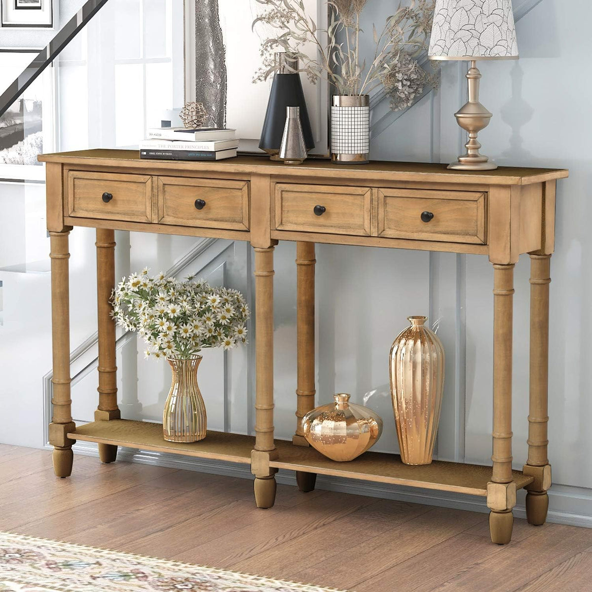 Old Pine Solid Wood Console Sofa with Two Storage Drawers and Bottom Shelf Q662995