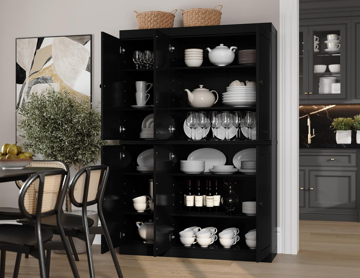 100% Solid Wood Pantry Cabinet, 6 Wood Doors, Black X6376