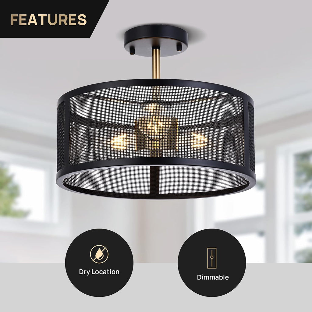 Black Semi Flush Mount Ceiling Light Fixture with 3 Metal Cage D6661