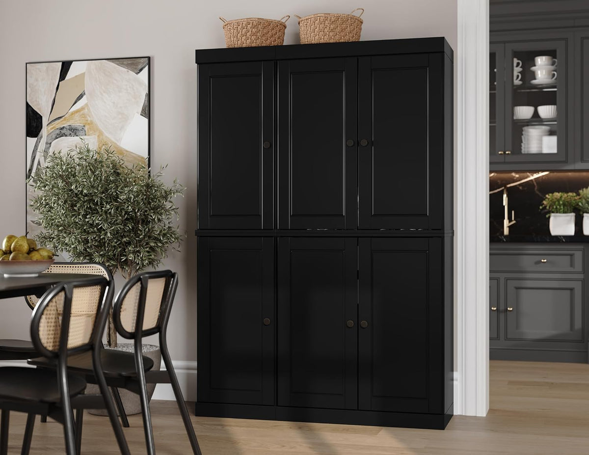 100% Solid Wood Pantry Cabinet, 6 Wood Doors, Black X6376