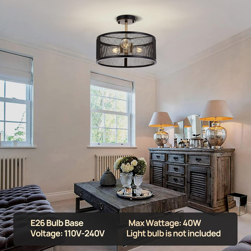 Black Semi Flush Mount Ceiling Light Fixture with 3 Metal Cage D6661