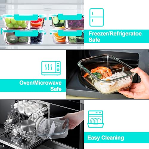5 Pack Glass Meal Prep Containers 2 Compartment Set, 36OZ Airtight Glass Food Storage Containers with Lids, Grey Q865