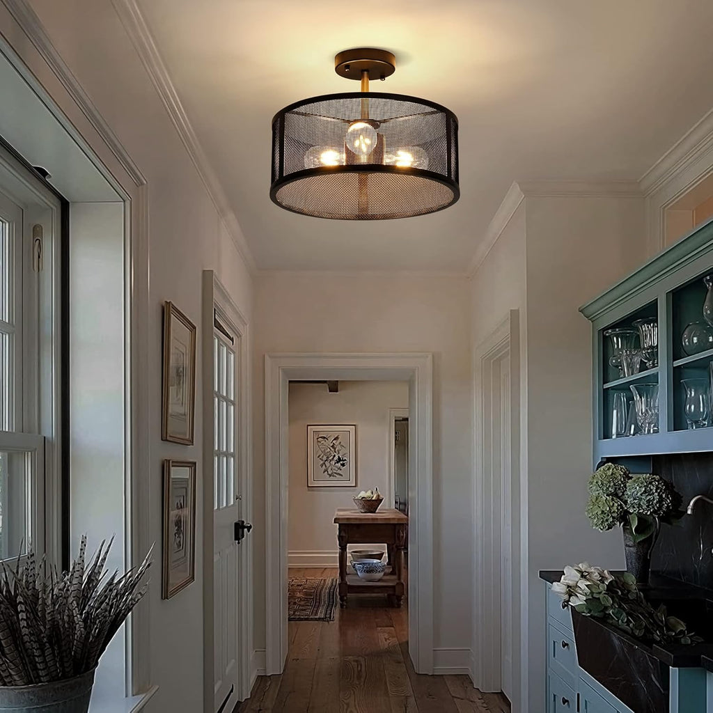 Black Semi Flush Mount Ceiling Light Fixture with 3 Metal Cage D6661
