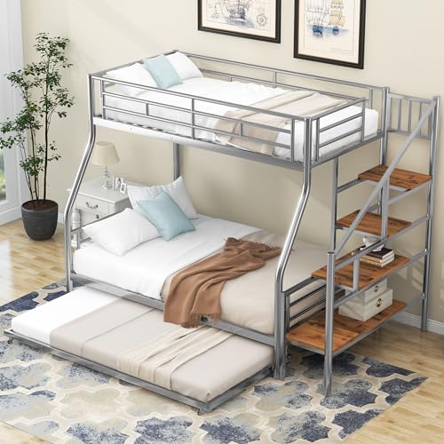 Silver Metal Twin Over Full Bunk Bed with Trundle and Stairs H50519