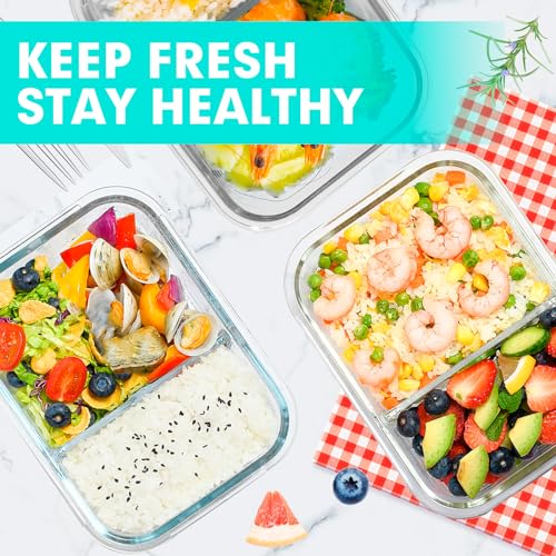 5 Pack Glass Meal Prep Containers 2 Compartment Set, 36OZ Airtight Glass Food Storage Containers with Lids, Grey Q865