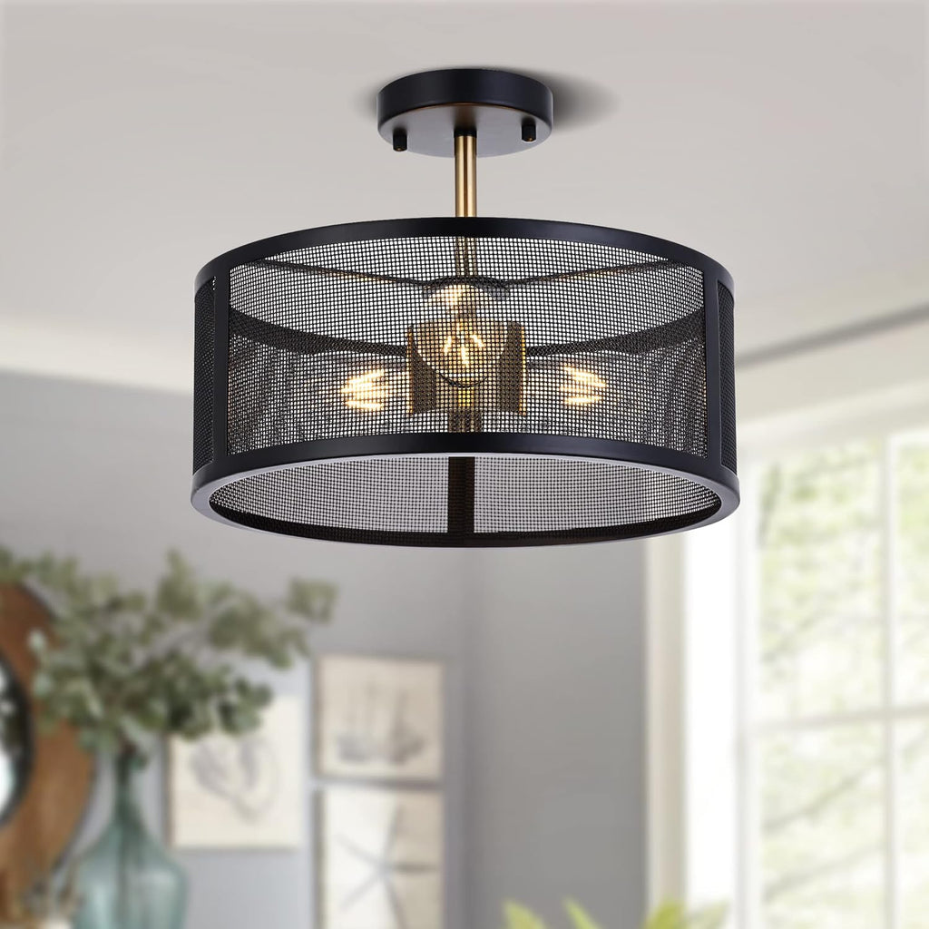 Black Semi Flush Mount Ceiling Light Fixture with 3 Metal Cage D6661