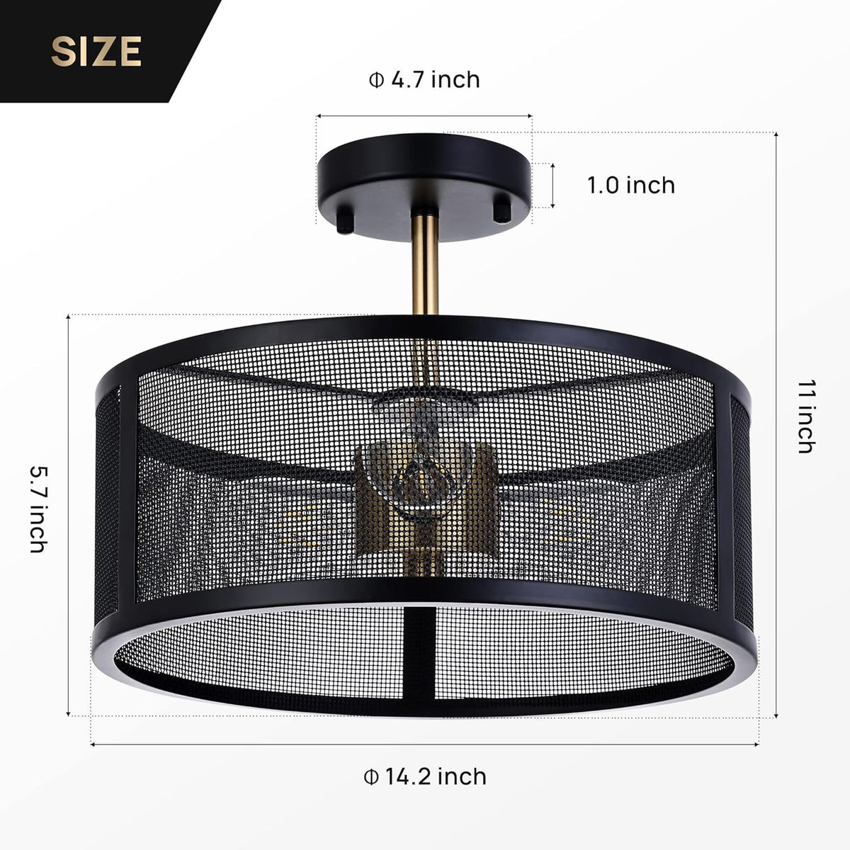 Black Semi Flush Mount Ceiling Light Fixture with 3 Metal Cage D6661