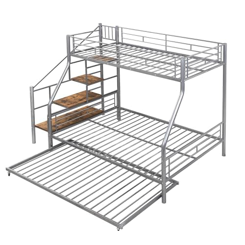 Silver Metal Twin Over Full Bunk Bed with Trundle and Stairs H50519