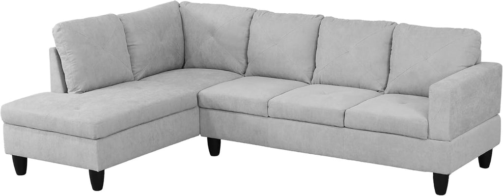 97" L-Shaped Corner Sofa with Left Chaise & Movable Storage Ottoman, 6 Seat Flannelette Fabric Sectional Couch, Wood Legs & Frame P14548
