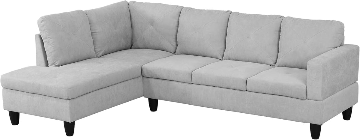 97" L-Shaped Corner Sofa with Left Chaise & Movable Storage Ottoman, 6 Seat Flannelette Fabric Sectional Couch, Wood Legs & Frame P14548