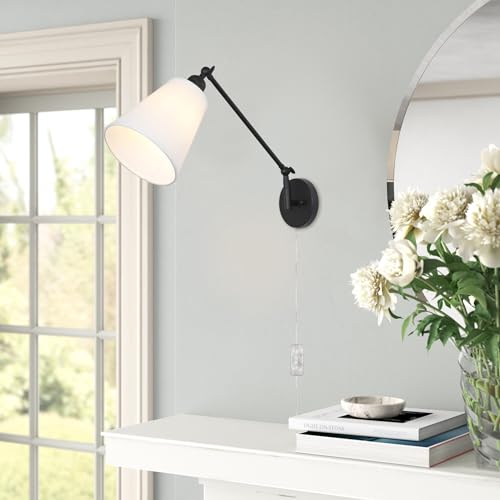 White Textile Swing Arm Wall Sconce with On/Off Switch O8595