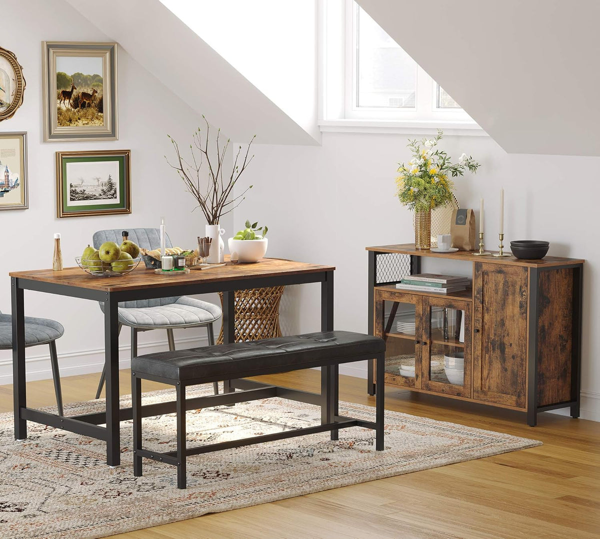 Rustic Brown and Black Floor Storage Cabinet with Transparent Doors V2818