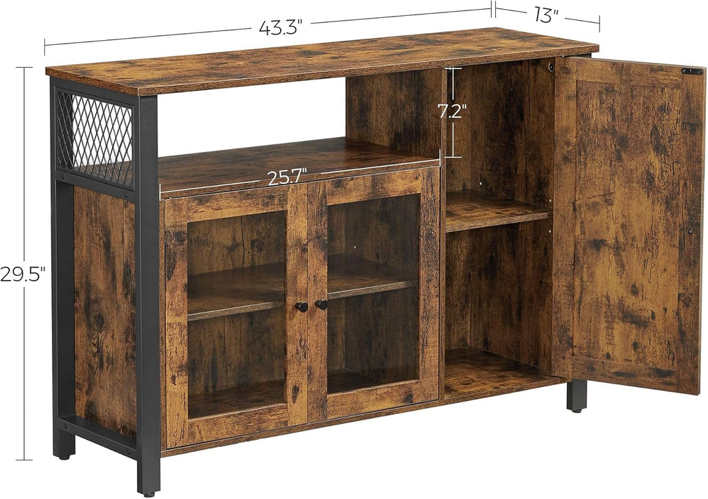 Rustic Brown and Black Floor Storage Cabinet with Transparent Doors V2818