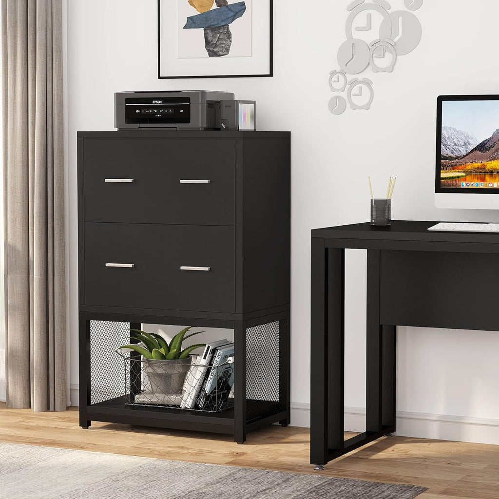 2 Drawer Lateral File Cabinet with Metal Wire Storage Shelves (Black) K887