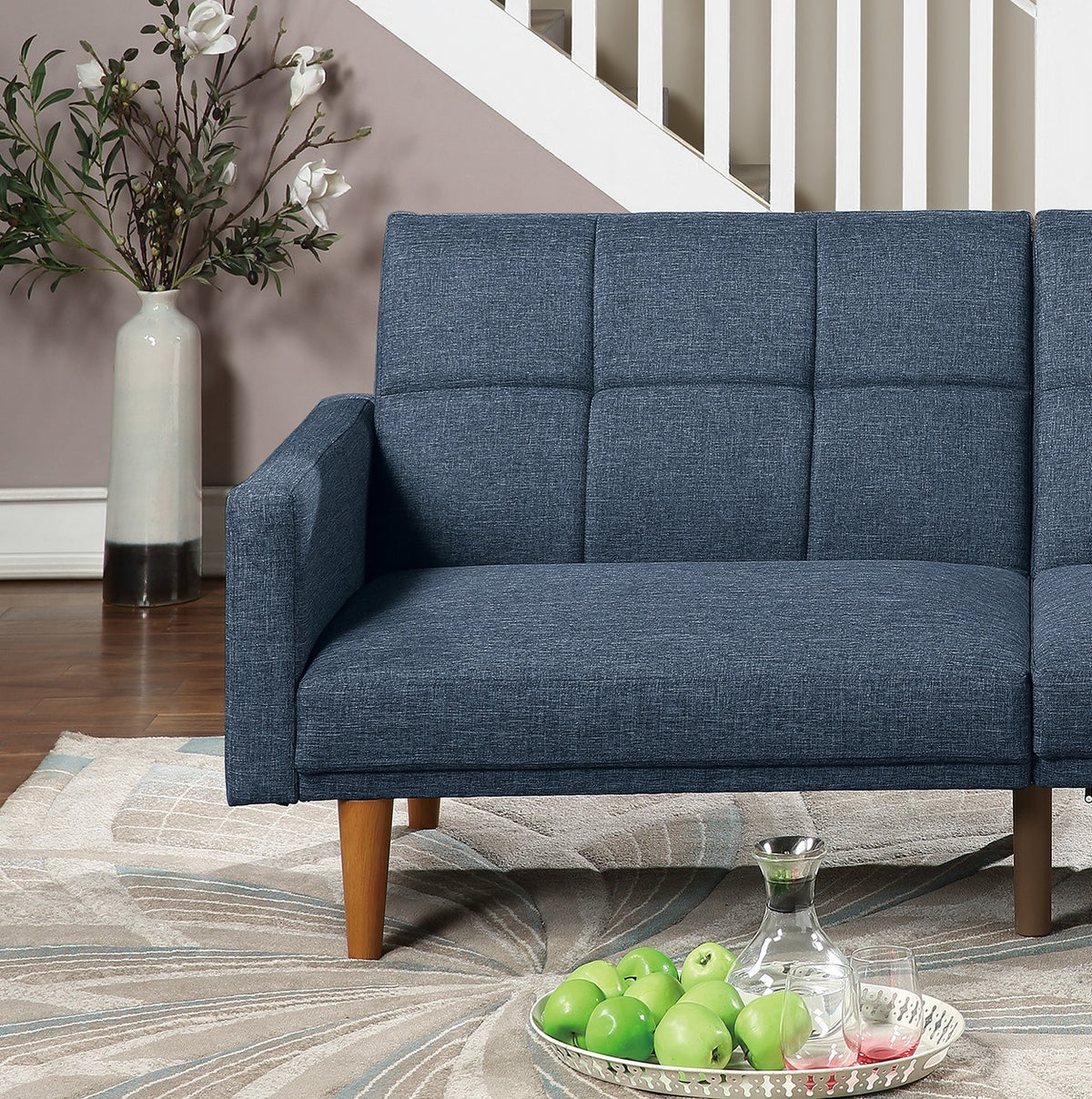 Navy Polyfiber Convertible Sofa Bed with Wooden Legs Z50215