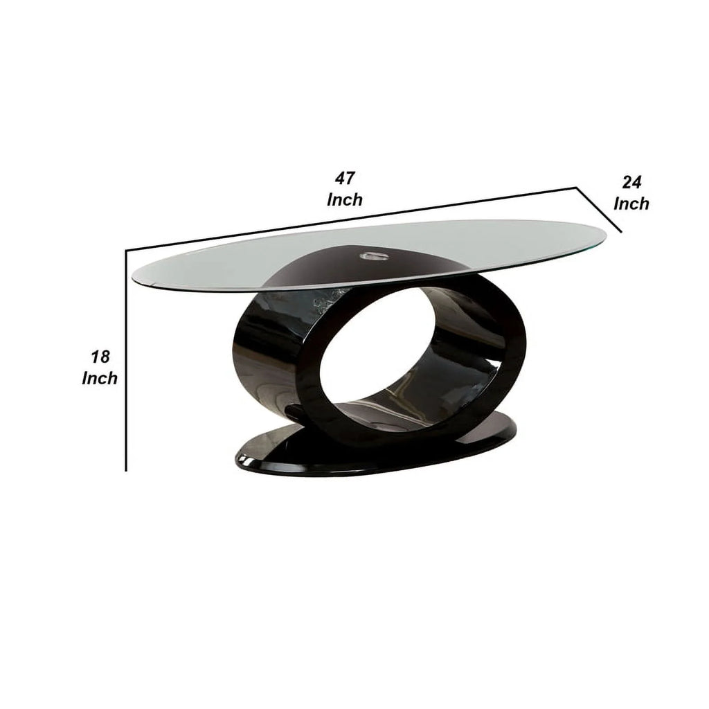 Contemporary Tempered Glass Top Coffee Table with O Shape Base, Black K759488