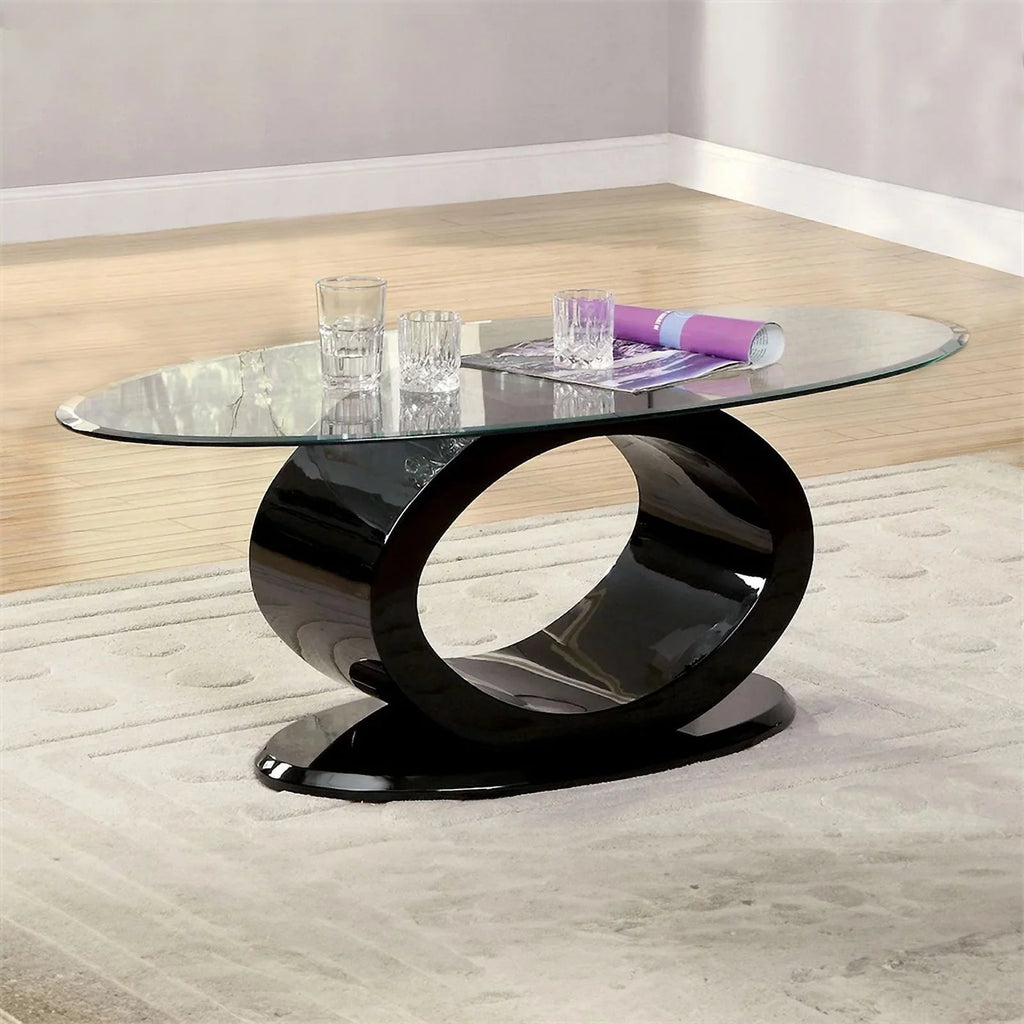 Contemporary Tempered Glass Top Coffee Table with O Shape Base, Black K759488