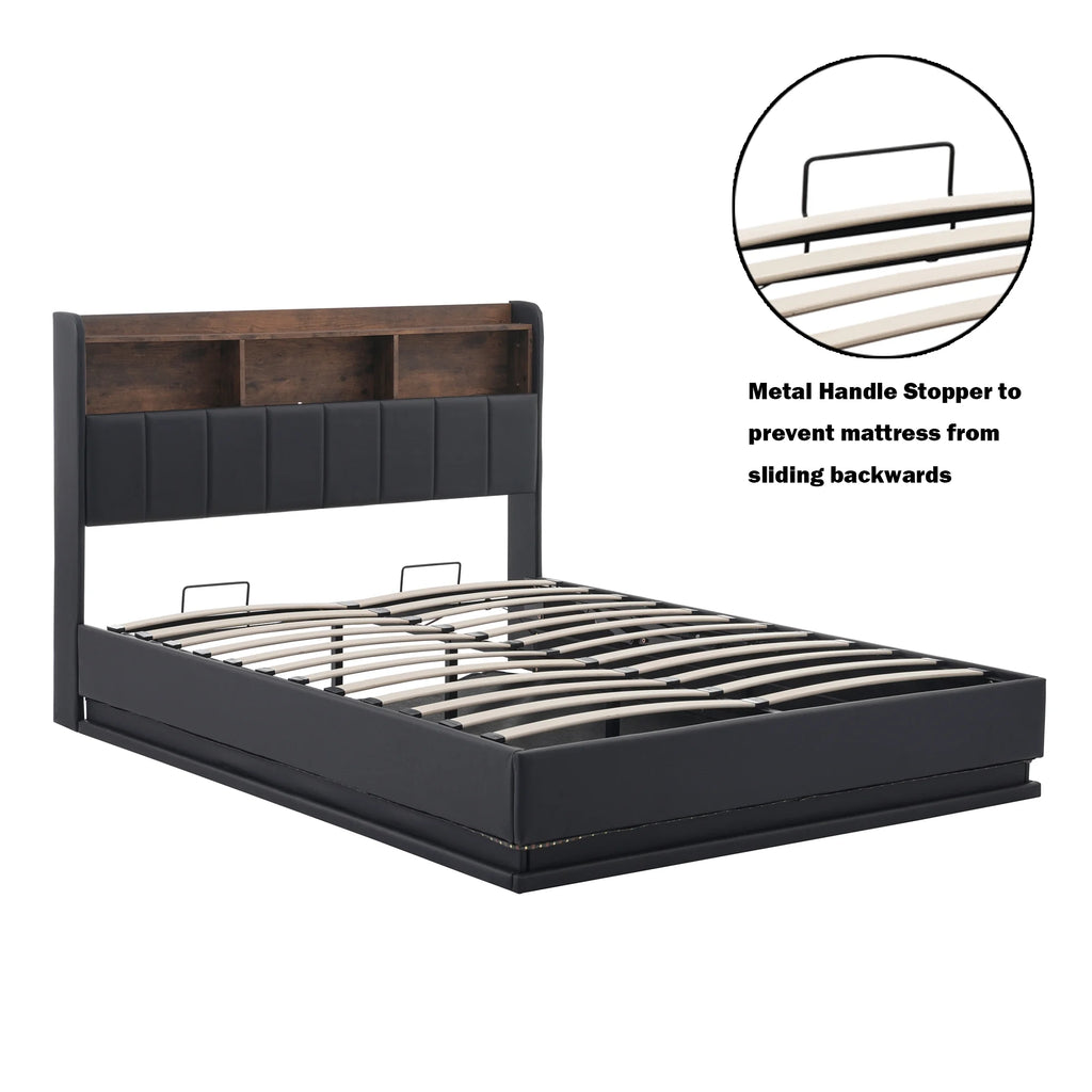 Black Full Size PU Upholstered Platform Bed with Storage Headboard X555