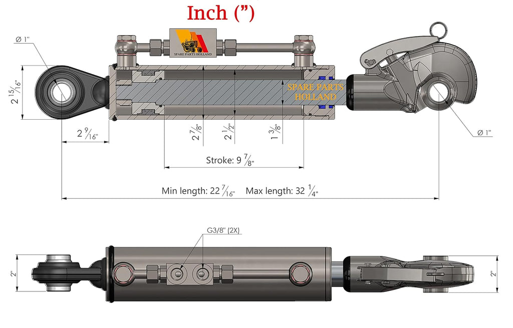 Hydraulic Top Link Cat. 2 Catch Hook 22 7/16 - 32 1/4 Locking Block Stroke 9 7/8 S289