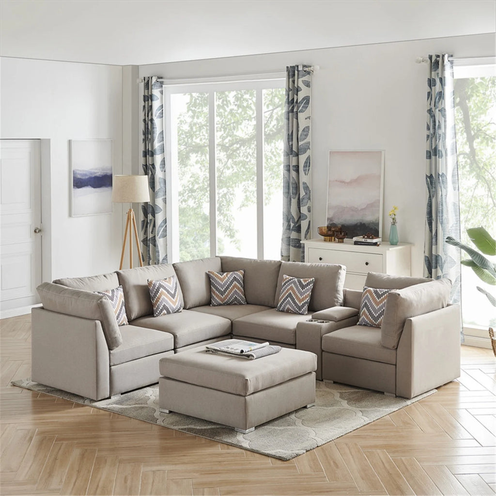 Beige Fabric Reversible Sectional Sofa with Ottoman K43730