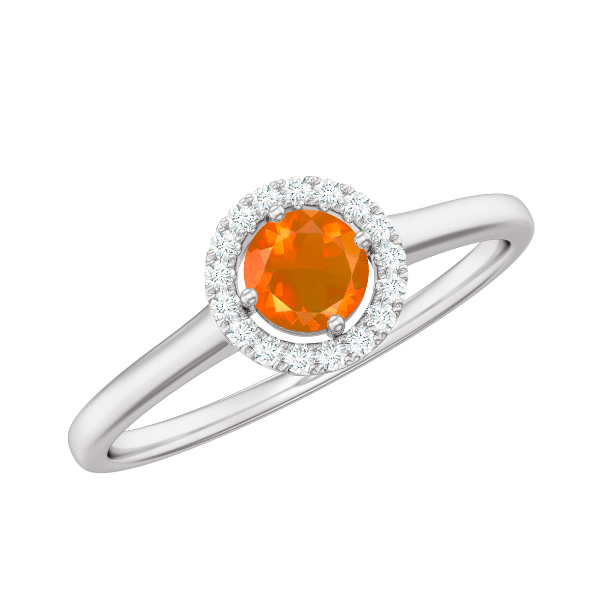 1/4 CT Round Fire Opal Ring with Diamond Halo, 925 Sterling Silver M465