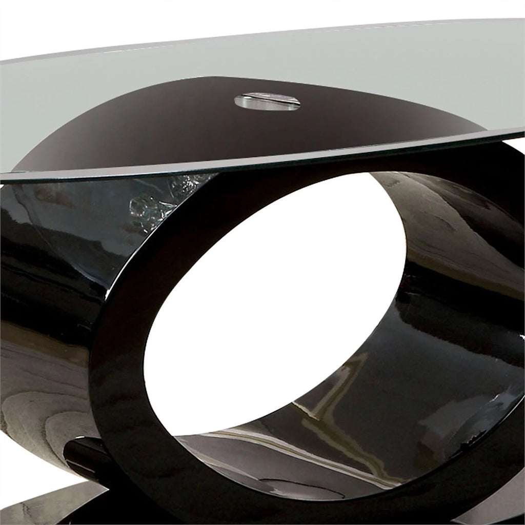 Contemporary Tempered Glass Top Coffee Table with O Shape Base, Black K759488