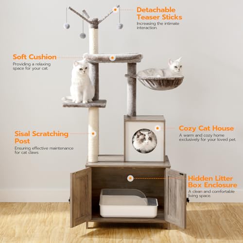 Wooden Cat Tree with Litter Box Enclosure Q95449