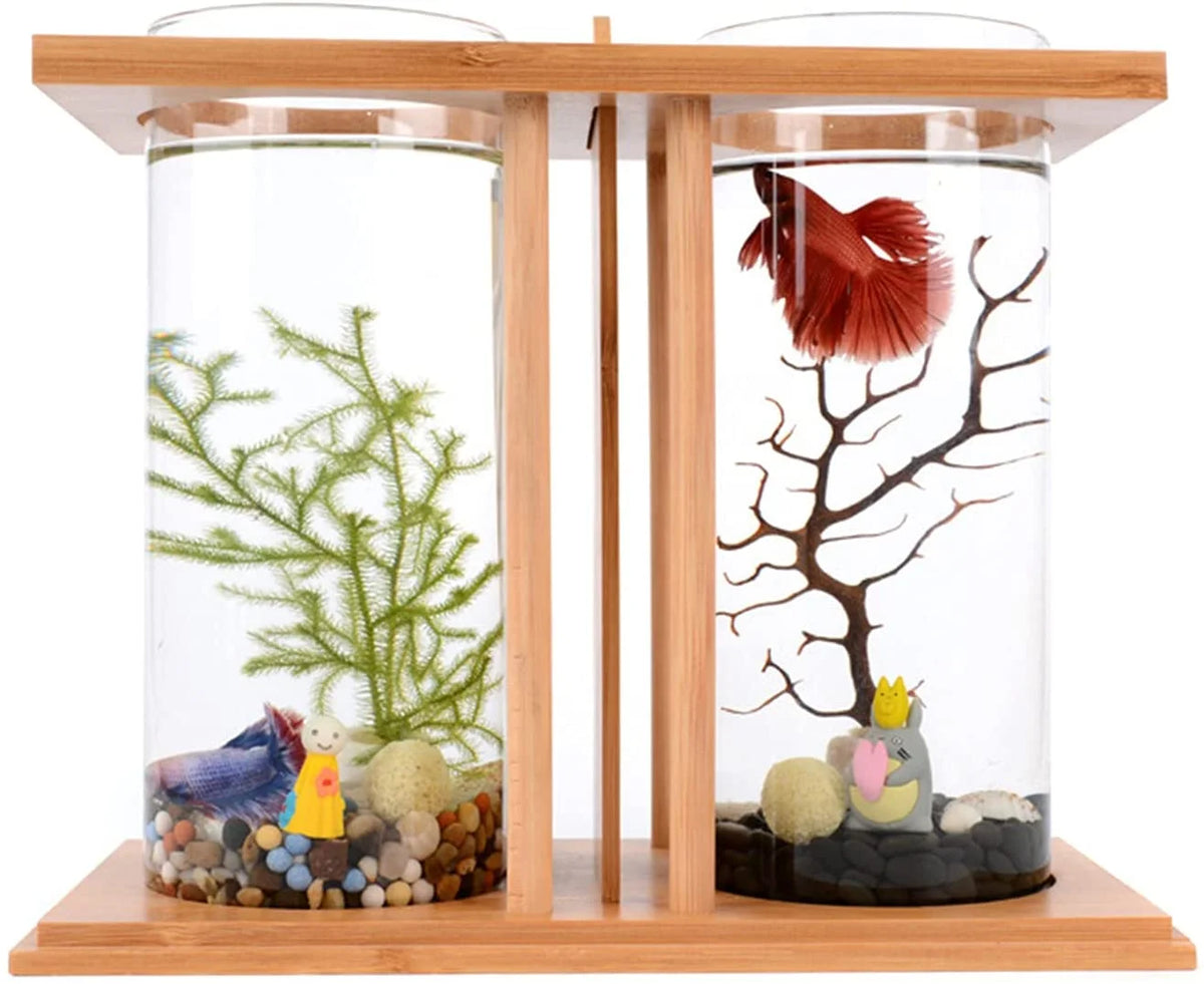 Bamboo Fish Bowl Glass Aquarium Mini Fish Tank K4776