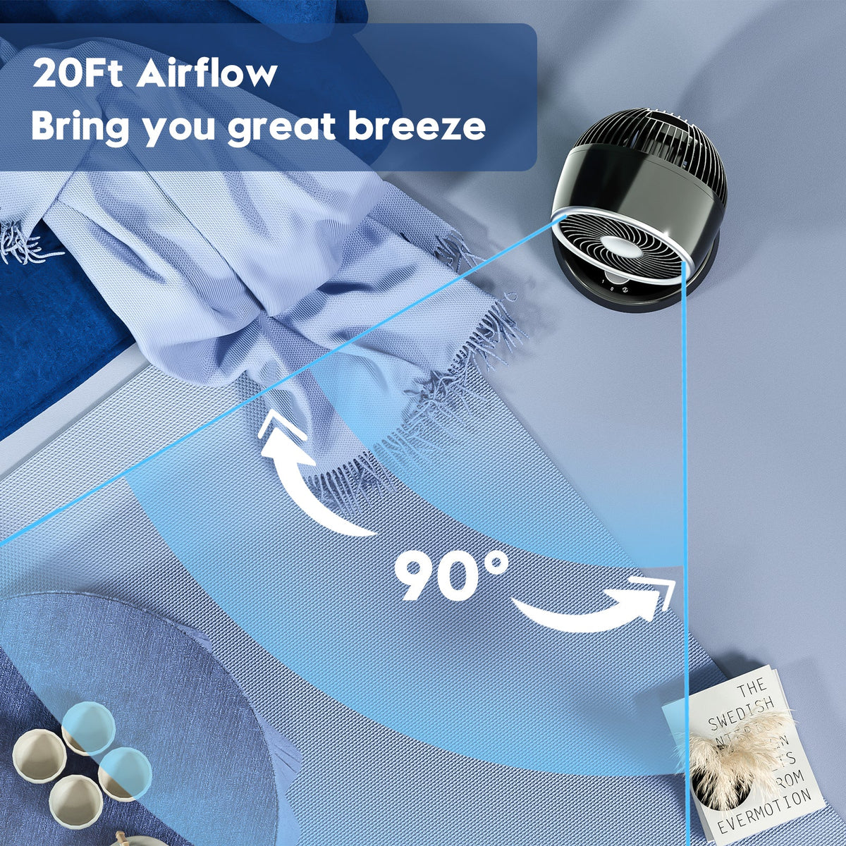 Portable Table Fan with 90° Auto-oscillation, 6 Tilting Head Settings, 3 Speeds O94228