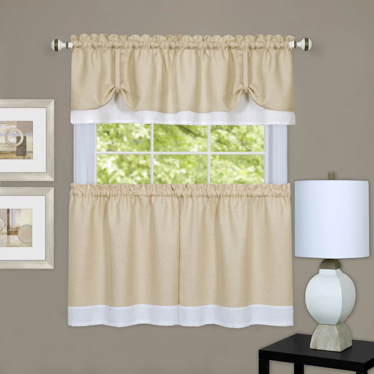 Tan White Kitchen Window Curtain Set K111