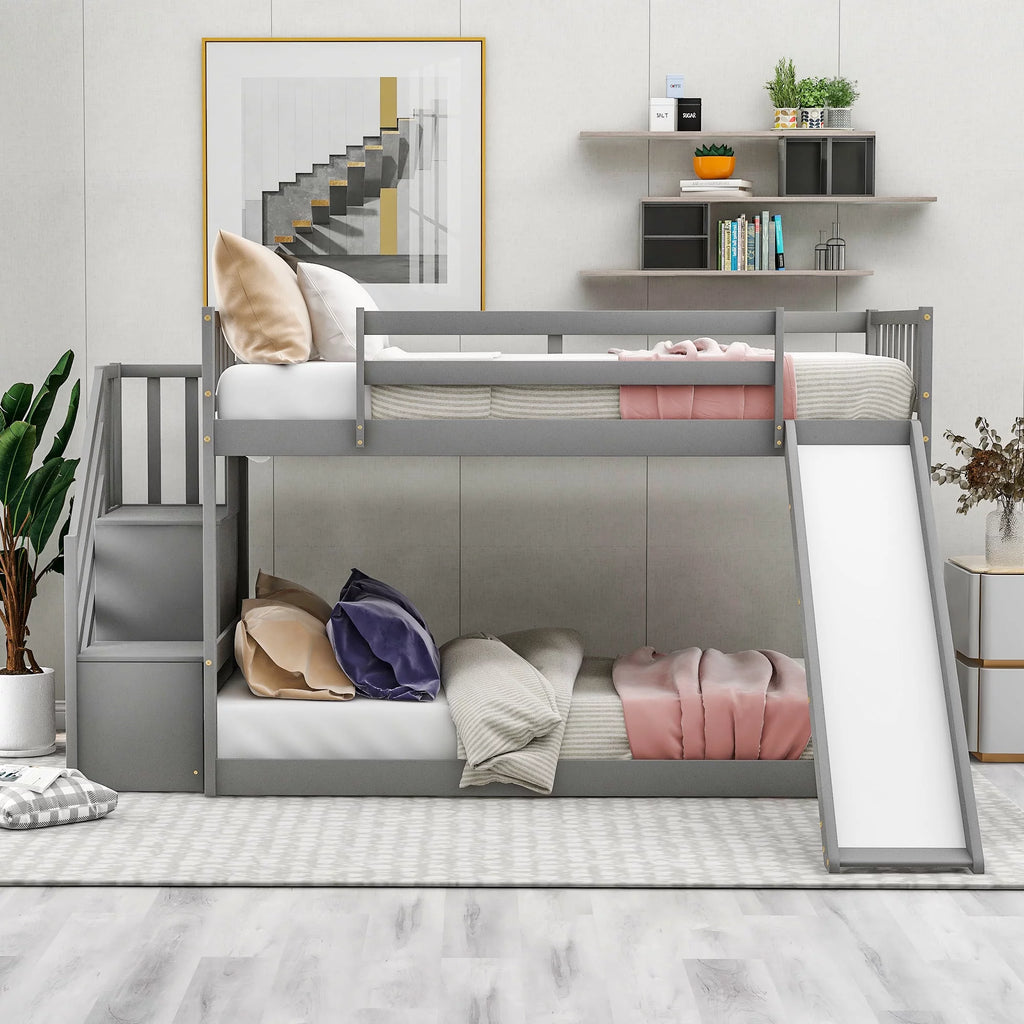 Solid Wood Twin Over Twin Bunk Bed with Slide and Stairway B33015