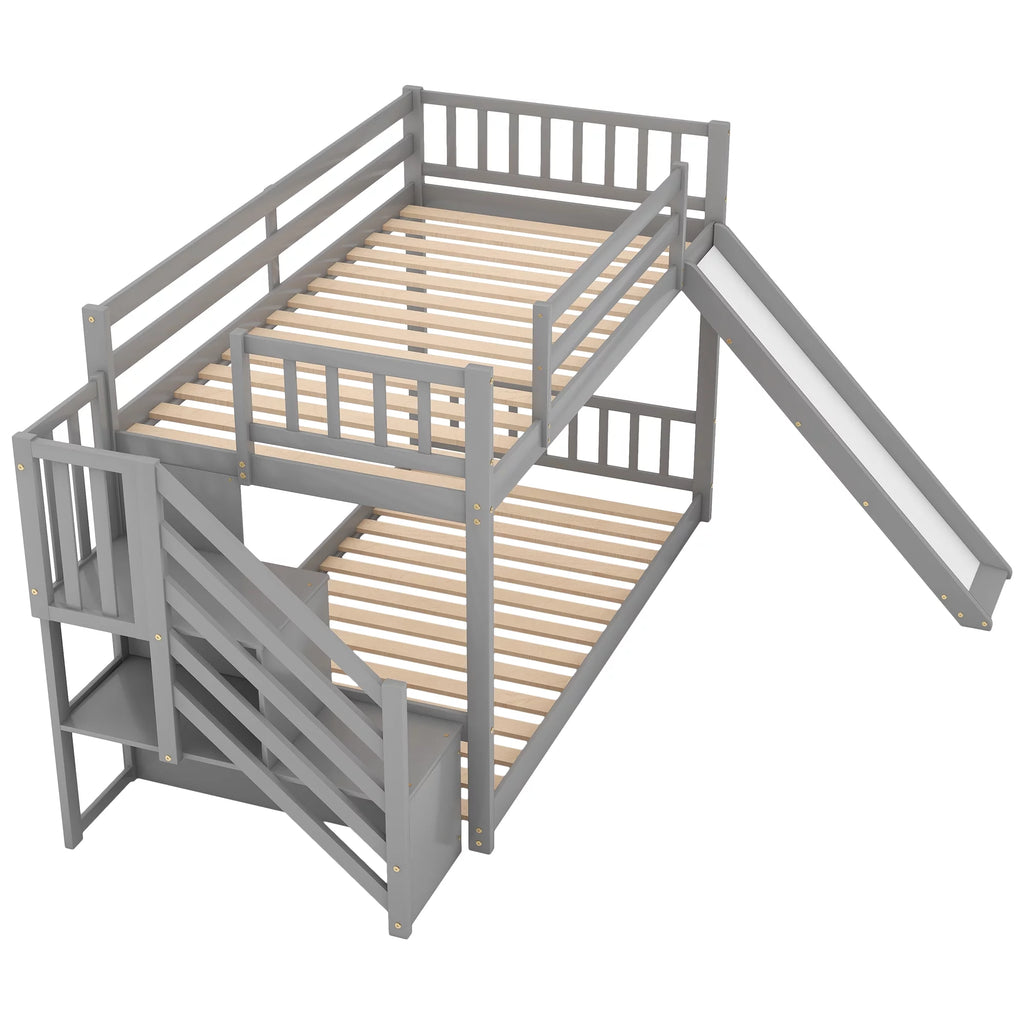 Solid Wood Twin Over Twin Bunk Bed with Slide and Stairway B33015
