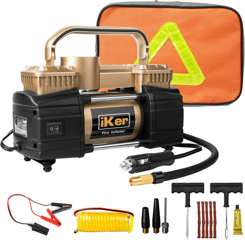 Portable Air Compressor Pump Tire Inflator, Digital Gauge 12V 70L/Min Double Cylinders 150PSI with LED Lights, 11.5ft Air Hose and Tire Repair Kit Pack of 2 R704