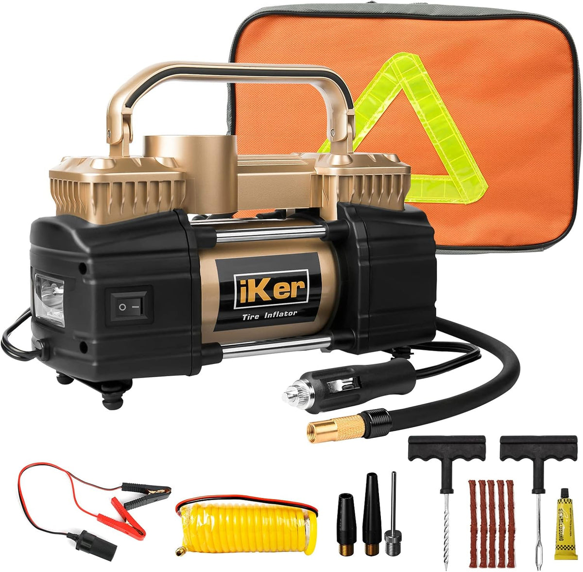 Portable Air Compressor Pump Tire Inflator, Digital Gauge 12V 70L/Min Double Cylinders 150PSI with LED Lights, 11.5ft Air Hose and Tire Repair Kit Pack of 2 R704