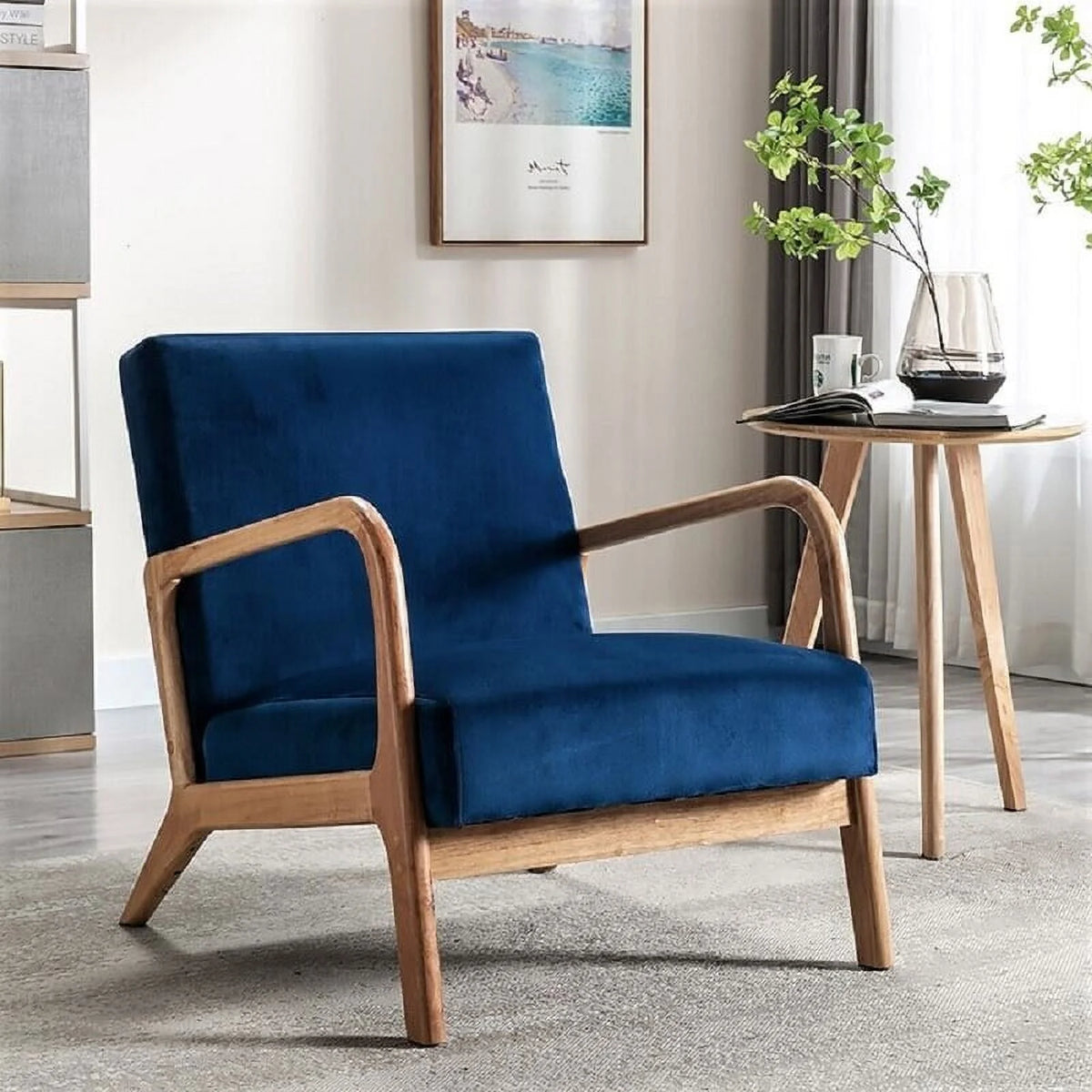 Navy Velvet Wood Armchair I441630