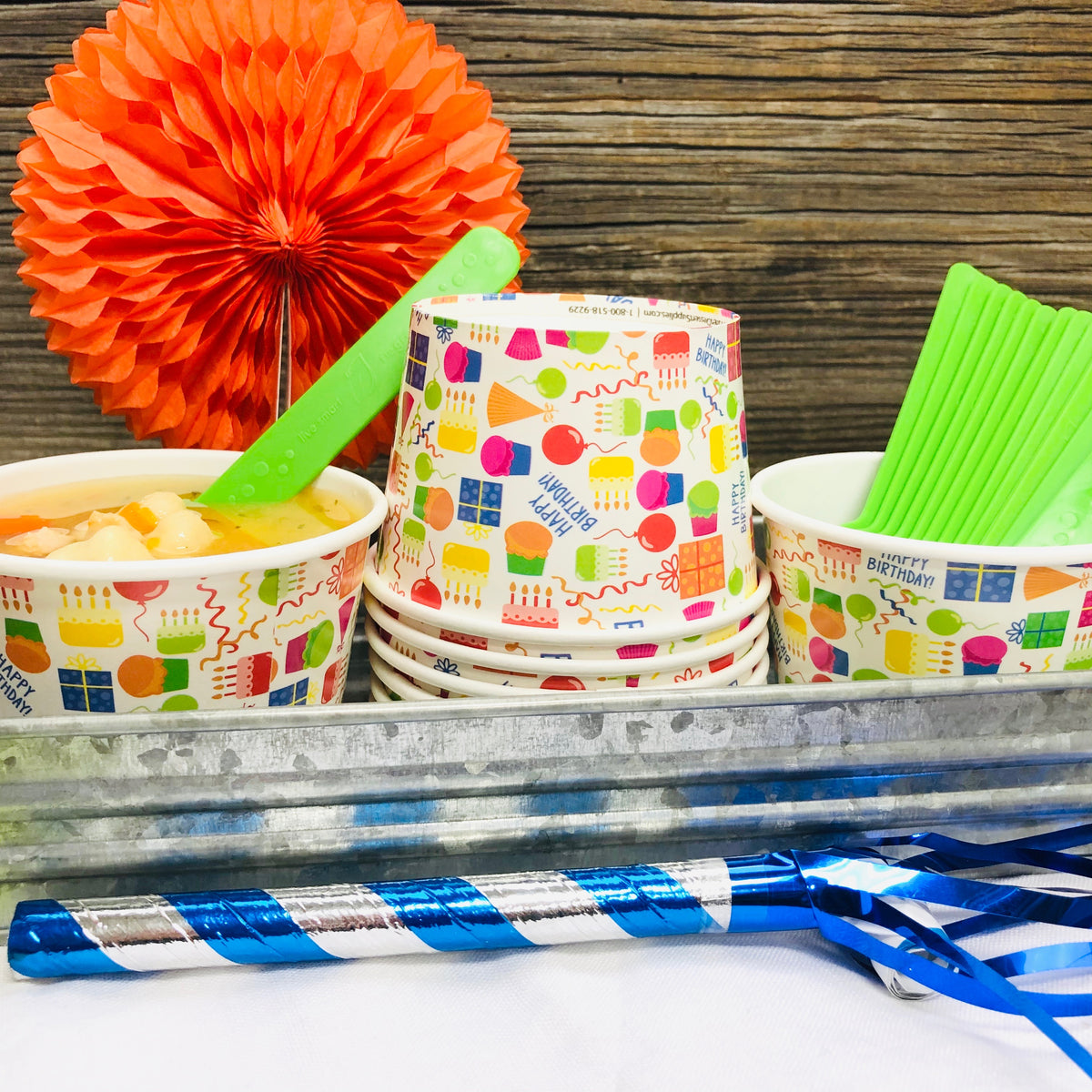16 Pk Birthday Ice Cream Kit with 8 Oz Cups, Spoons, Umbrellas G861