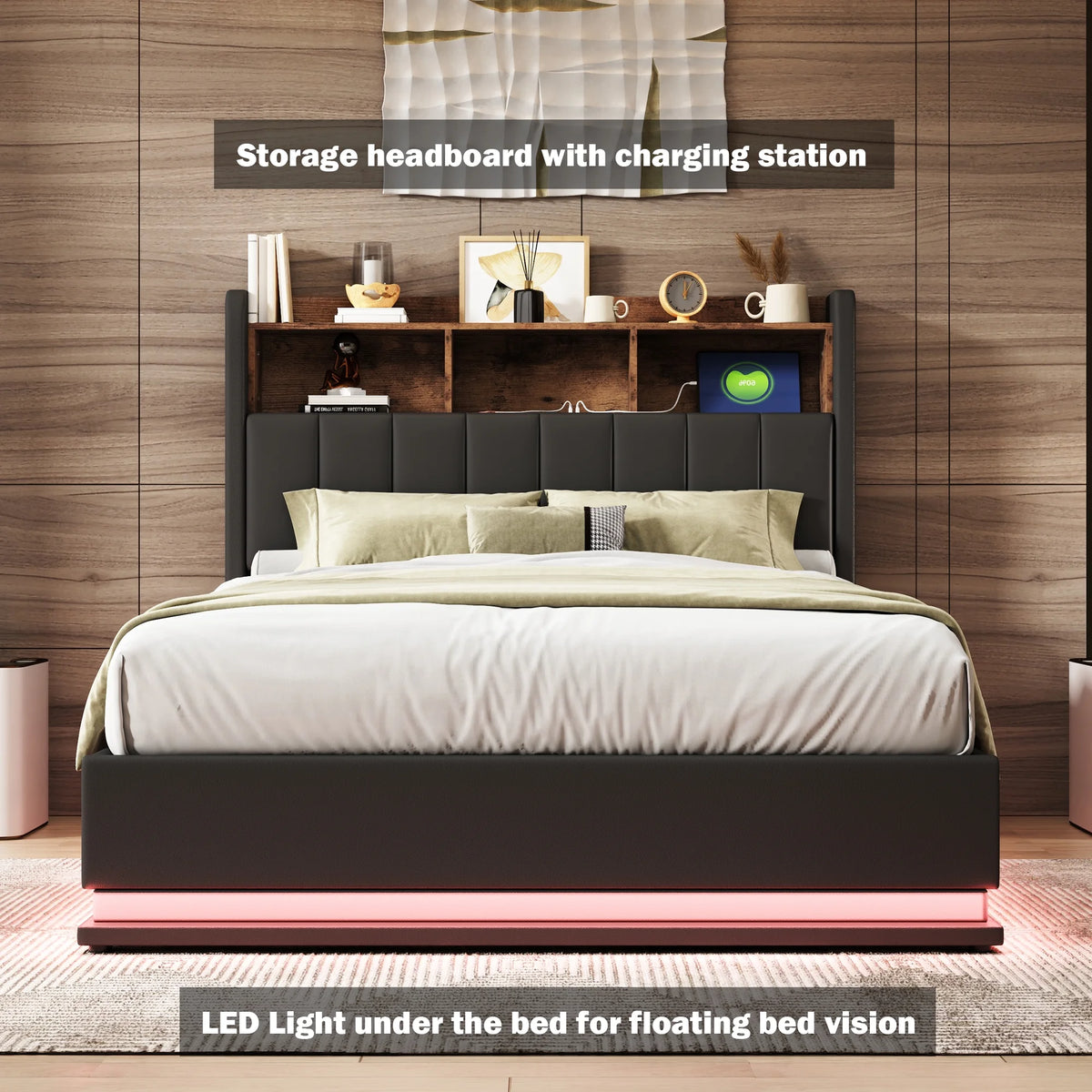 Black Full Size PU Upholstered Platform Bed with Storage Headboard X555