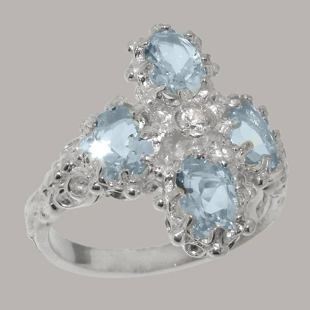 14k White Gold Natural Diamond & Aquamarine Womens Ring W86595